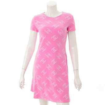 シャネル 96P ヴィンテージ ベロア ココマーク 半袖 ワンピース ピンク