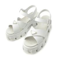 プラダ PRADA モノリス ラバー トライアングルロゴ 三角プレート プラットフォーム サンダル ストラップ 厚底 ホワイト シルバー 39