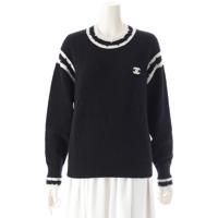 シャネル CHANEL カシミヤ ココマーク ライン クルーネック ニット セーター トップス P72090 ブラック 36