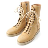 シャネル CHANEL レザー ココマーク ジップ レースアップ ミドル ブーツ シューズ G34953 ベージュ 37C