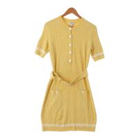 シャネル CHANEL 22SS コットン リブニット ライオンボタン ベルト付き ワンピース ドレス P72176 イエロー 38