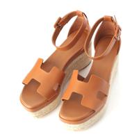 エルメス HERMES エルダ レザー Hモチーフ ウェッジソール ストラップ サンダル ブラウン 37