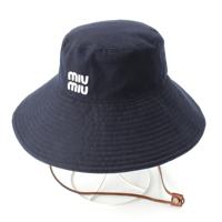 ミュウミュウ MIUMIU コットン ロゴ刺繍 ファイユライニング ドリル バケット ハット 帽子 5HC220 ネイビー S