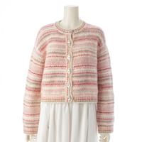 シャネル CHANEL 24AW カシミヤ ココボタン ボーダー ラメ 長袖 ニット カーディガン トップス ピンク 40