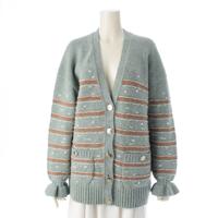 シャネル CHANEL 24AW  カシミヤ混 ボーダー ニット カーディガン ココマークボタン 長袖 トップス P78456  ライトブルー 38