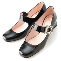 ロジェヴィヴィエ Roger Vivier トレヴィヴィエ パテントレザー メリージェーン パンプス ストラス バックル チャンキー ヒール ブラック 37