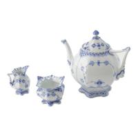 ロイヤルコペンハーゲン Royal Copenhagen Royal Copenhagen ブルーフルーテッド フルレース 顔付き ティーポット クリーマー シュガーポット 3点 カップ＆ソーサ―セット