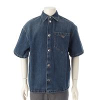 プラダ PRADA 23年 コットン トライアングルロゴ 半袖 デニムジャケット シャツ ウォッシュ加工  GEC067 インディゴ XS