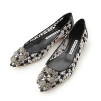 マノロブラニク MANOLO BLAHNIK ハンギシ レース ビジューバックル フラット パンプス シューズ ブラック×ホワイト 36 1/2