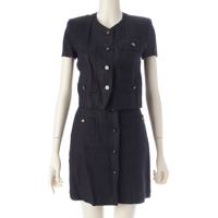 シャネル CHANEL 97P リネン ヴィンテージ ココマーク トップス スカートセットアップ シャツ ジャケット 03546H/R ネイビー 34